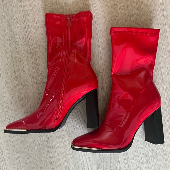 Dream Pairs Square Toe Zip Mid Calf Red patent leather boots Gold Accent Toe - Picture 1 of 8